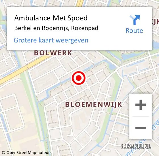 Locatie op kaart van de 112 melding: Ambulance Met Spoed Naar Berkel en Rodenrijs, Rozenpad op 14 maart 2022 07:34