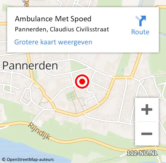 Locatie op kaart van de 112 melding: Ambulance Met Spoed Naar Pannerden, Claudius Civilisstraat op 14 maart 2022 12:17