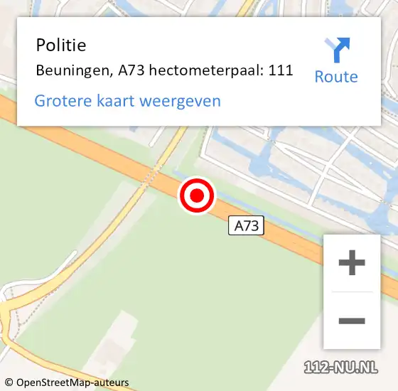Locatie op kaart van de 112 melding: Politie Beuningen, A73 hectometerpaal: 111 op 14 maart 2022 13:30