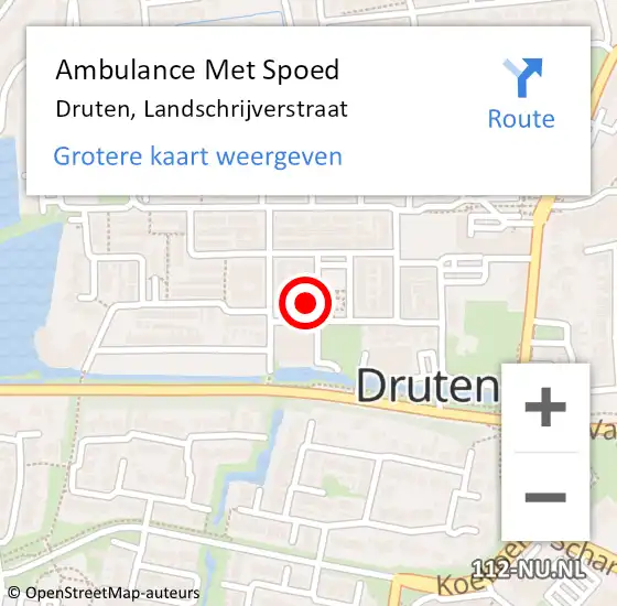 Locatie op kaart van de 112 melding: Ambulance Met Spoed Naar Druten, Landschrijverstraat op 14 maart 2022 13:50