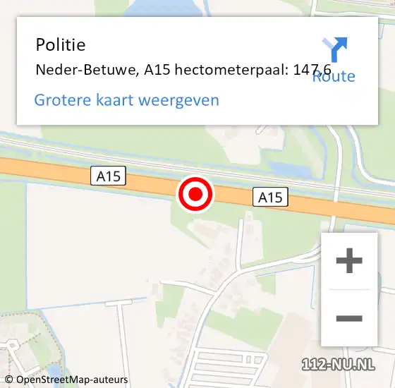 Locatie op kaart van de 112 melding: Politie Neder-Betuwe, A15 hectometerpaal: 147,6 op 14 maart 2022 13:57