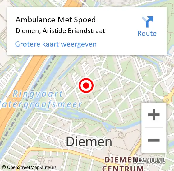 Locatie op kaart van de 112 melding: Ambulance Met Spoed Naar Diemen, Aristide Briandstraat op 14 maart 2022 14:04