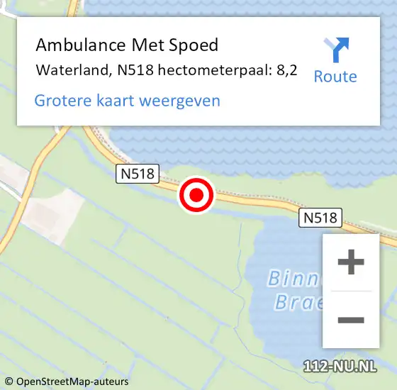 Locatie op kaart van de 112 melding: Ambulance Met Spoed Naar Waterland, N518 hectometerpaal: 8,2 op 14 maart 2022 15:03