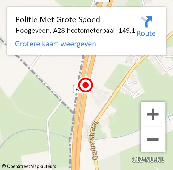 Locatie op kaart van de 112 melding: Politie Met Grote Spoed Naar Hoogeveen, A28 hectometerpaal: 149,1 op 14 maart 2022 16:39