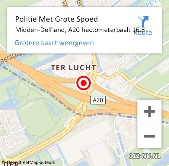 Locatie op kaart van de 112 melding: Politie Met Grote Spoed Naar Midden-Delfland, A20 hectometerpaal: 16,8 op 14 maart 2022 16:40