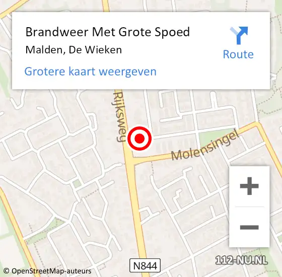 Locatie op kaart van de 112 melding: Brandweer Met Grote Spoed Naar Malden, De Wieken op 14 maart 2022 17:26