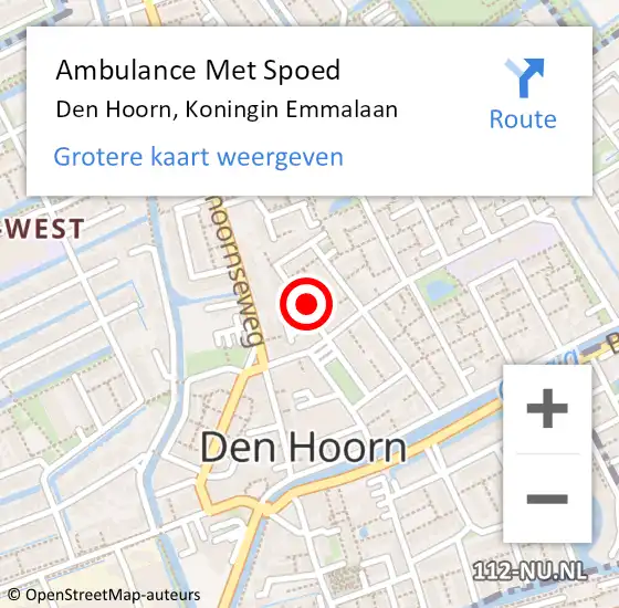 Locatie op kaart van de 112 melding: Ambulance Met Spoed Naar Den Hoorn, Koningin Emmalaan op 14 maart 2022 17:37