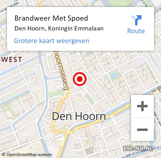 Locatie op kaart van de 112 melding: Brandweer Met Spoed Naar Den Hoorn, Koningin Emmalaan op 14 maart 2022 18:26