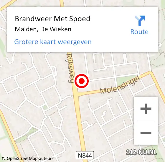 Locatie op kaart van de 112 melding: Brandweer Met Spoed Naar Malden, De Wieken op 14 maart 2022 18:51