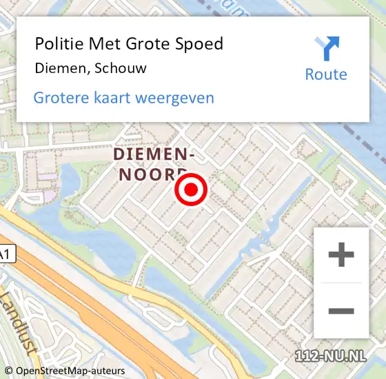 Locatie op kaart van de 112 melding: Politie Met Grote Spoed Naar Diemen, Schouw op 14 maart 2022 19:10