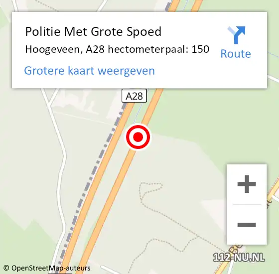 Locatie op kaart van de 112 melding: Politie Met Grote Spoed Naar Hoogeveen, A28 hectometerpaal: 150 op 15 maart 2022 04:19