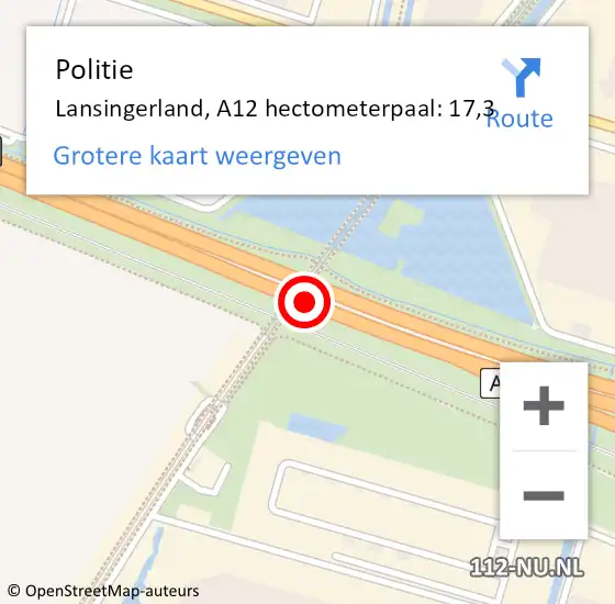 Locatie op kaart van de 112 melding: Politie Lansingerland, A12 hectometerpaal: 17,3 op 15 maart 2022 07:22