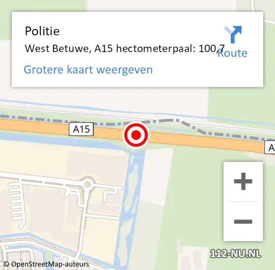 Locatie op kaart van de 112 melding: Politie West Betuwe, A15 hectometerpaal: 100,7 op 15 maart 2022 08:01