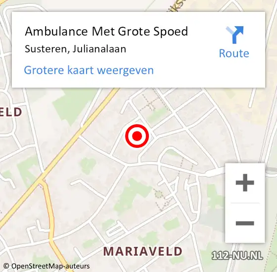 Locatie op kaart van de 112 melding: Ambulance Met Grote Spoed Naar Susteren, Julianalaan op 15 maart 2022 13:26