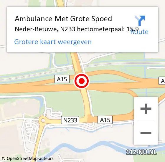 Locatie op kaart van de 112 melding: Ambulance Met Grote Spoed Naar Neder-Betuwe, N233 hectometerpaal: 15,9 op 15 maart 2022 13:30