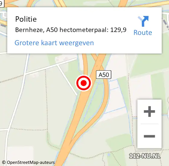 Locatie op kaart van de 112 melding: Politie Bernheze, A50 hectometerpaal: 129,9 op 15 maart 2022 14:18