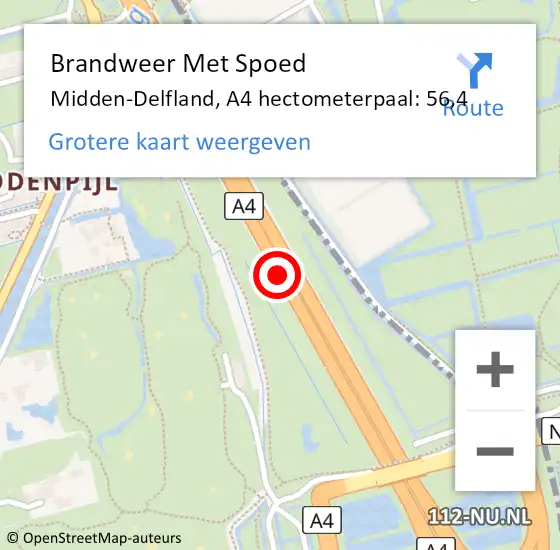 Locatie op kaart van de 112 melding: Brandweer Met Spoed Naar Midden-Delfland, A4 hectometerpaal: 56,4 op 15 maart 2022 16:14