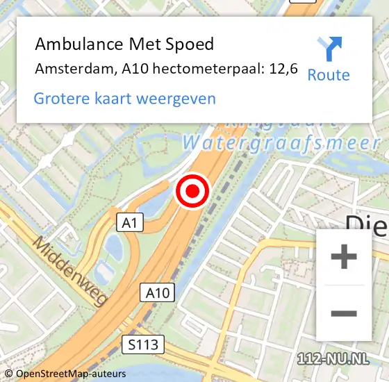 Locatie op kaart van de 112 melding: Ambulance Met Spoed Naar Amsterdam, A10 hectometerpaal: 12,6 op 15 maart 2022 19:42