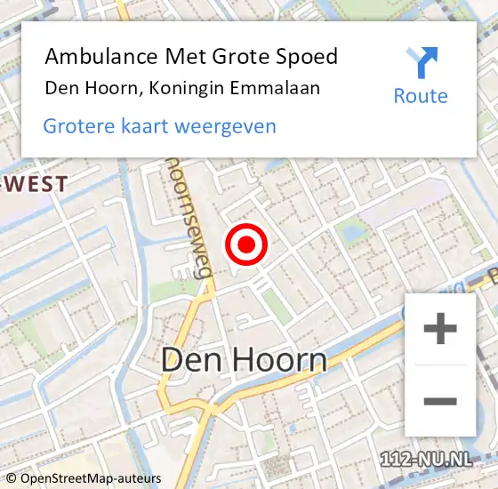 Locatie op kaart van de 112 melding: Ambulance Met Grote Spoed Naar Den Hoorn, Koningin Emmalaan op 15 maart 2022 20:58