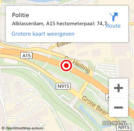 Locatie op kaart van de 112 melding: Politie Alblasserdam, A15 hectometerpaal: 74,7 op 15 maart 2022 21:41