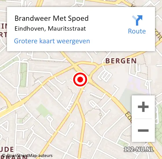 Locatie op kaart van de 112 melding: Brandweer Met Spoed Naar Eindhoven, Mauritsstraat op 15 maart 2022 21:41