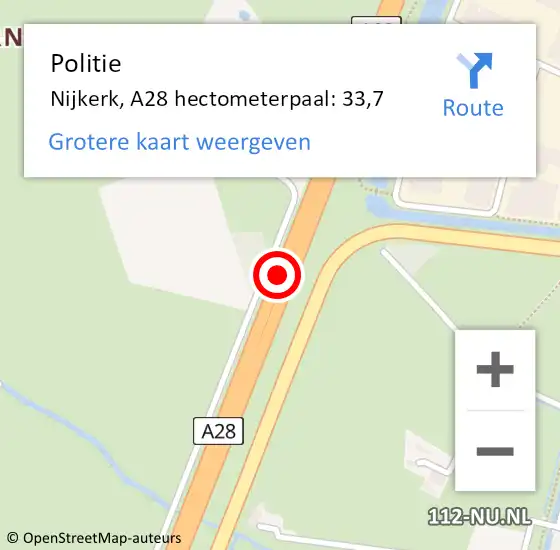 Locatie op kaart van de 112 melding: Politie Nijkerk, A28 hectometerpaal: 33,7 op 15 maart 2022 22:29
