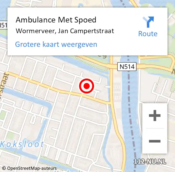 Locatie op kaart van de 112 melding: Ambulance Met Spoed Naar Wormerveer, Jan Campertstraat op 16 maart 2022 06:39