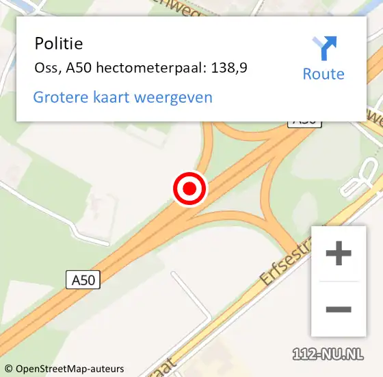 Locatie op kaart van de 112 melding: Politie Oss, A50 hectometerpaal: 138,9 op 16 maart 2022 08:00