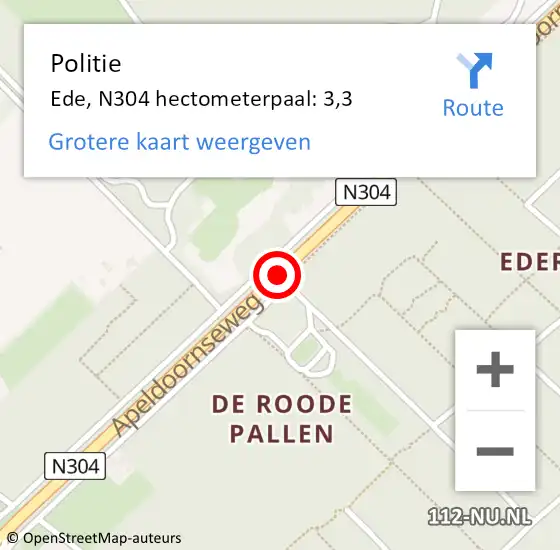 Locatie op kaart van de 112 melding: Politie Ede, N304 hectometerpaal: 3,3 op 16 maart 2022 08:47