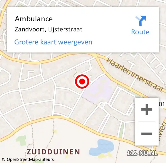 Locatie op kaart van de 112 melding: Ambulance Zandvoort, Lijsterstraat op 16 maart 2022 09:02