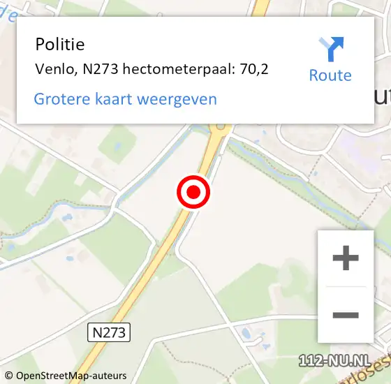 Locatie op kaart van de 112 melding: Politie Venlo, N273 hectometerpaal: 70,2 op 16 maart 2022 09:32