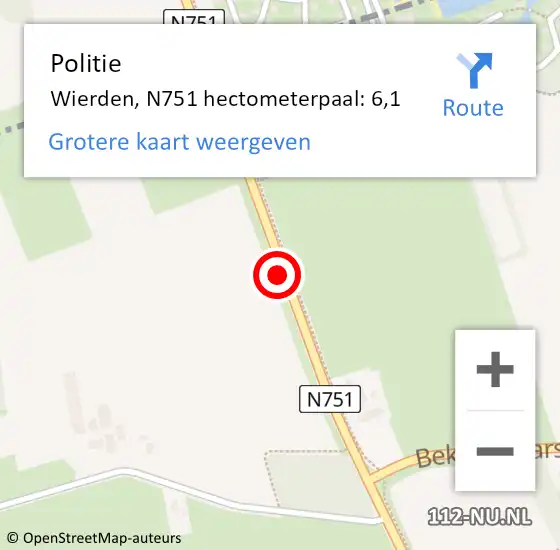 Locatie op kaart van de 112 melding: Politie Wierden, N751 hectometerpaal: 6,1 op 16 maart 2022 10:44