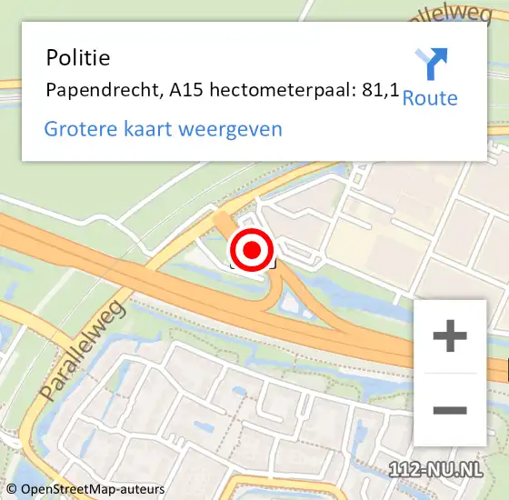 Locatie op kaart van de 112 melding: Politie Papendrecht, A15 hectometerpaal: 81,1 op 16 maart 2022 12:38