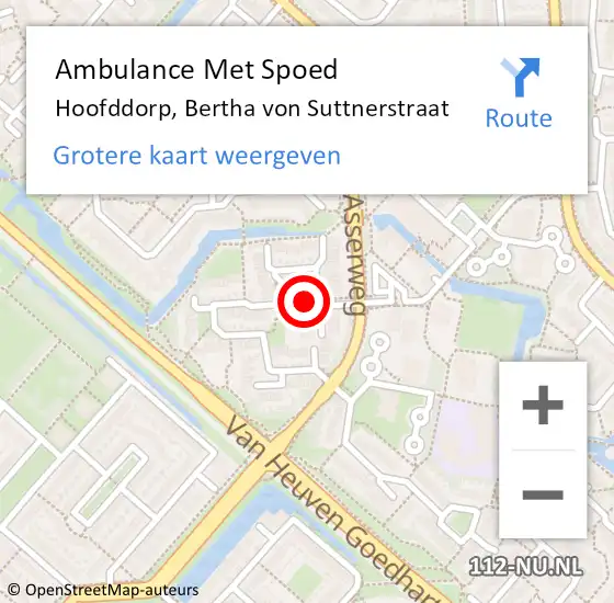 Locatie op kaart van de 112 melding: Ambulance Met Spoed Naar Hoofddorp, Bertha von Suttnerstraat op 16 maart 2022 15:29