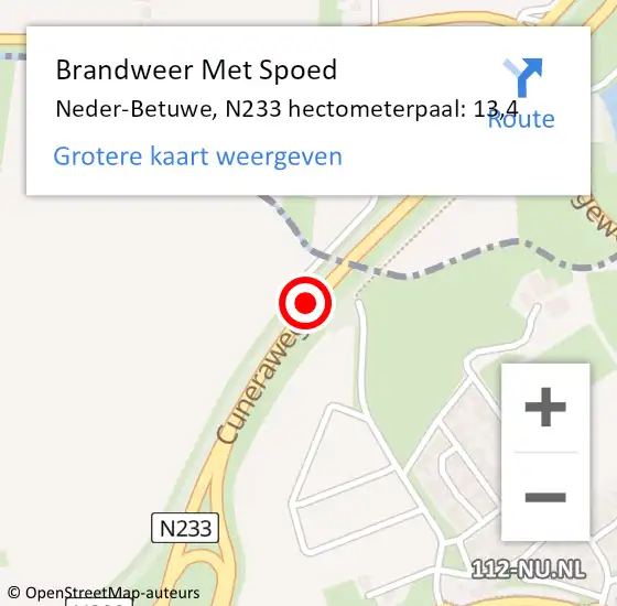 Locatie op kaart van de 112 melding: Brandweer Met Spoed Naar Neder-Betuwe, N233 hectometerpaal: 13,4 op 16 maart 2022 17:17