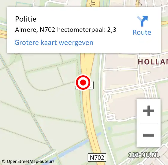 Locatie op kaart van de 112 melding: Politie Almere, N702 hectometerpaal: 2,3 op 16 maart 2022 19:12