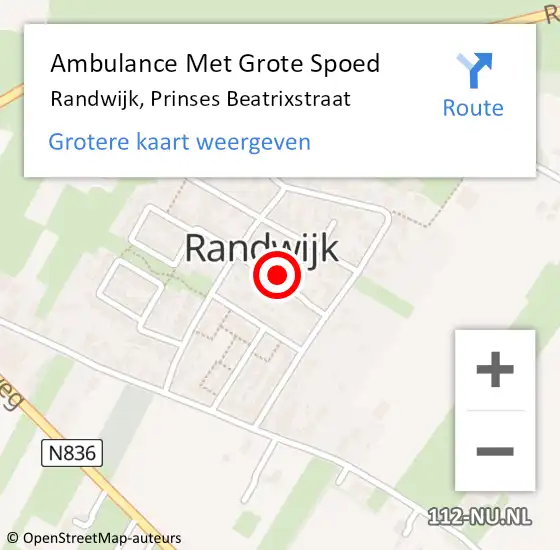 Locatie op kaart van de 112 melding: Ambulance Met Grote Spoed Naar Randwijk, Prinses Beatrixstraat op 16 maart 2022 22:24