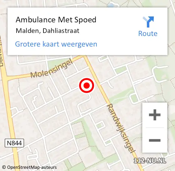 Locatie op kaart van de 112 melding: Ambulance Met Spoed Naar Malden, Dahliastraat op 16 maart 2022 23:17