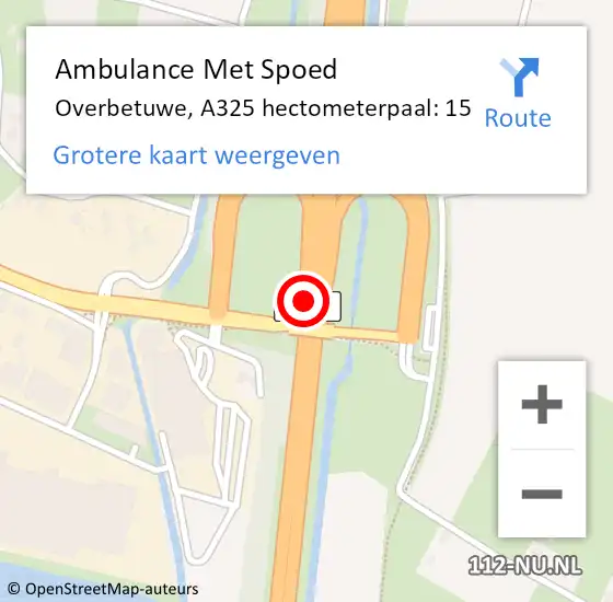 Locatie op kaart van de 112 melding: Ambulance Met Spoed Naar Overbetuwe, A325 hectometerpaal: 15 op 17 maart 2022 10:53