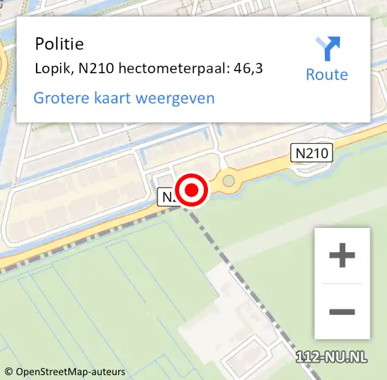 Locatie op kaart van de 112 melding: Politie Lopik, N210 hectometerpaal: 46,3 op 17 maart 2022 12:56