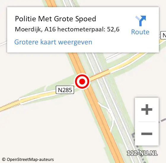 Locatie op kaart van de 112 melding: Politie Met Grote Spoed Naar Moerdijk, A16 hectometerpaal: 52,6 op 17 maart 2022 13:33