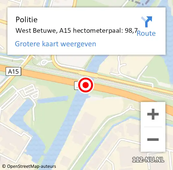 Locatie op kaart van de 112 melding: Politie West Betuwe, A15 hectometerpaal: 98,7 op 17 maart 2022 13:55