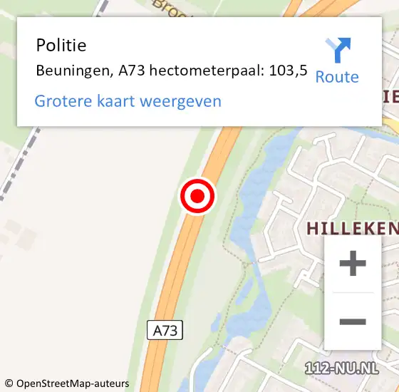 Locatie op kaart van de 112 melding: Politie Beuningen, A73 hectometerpaal: 103,5 op 17 maart 2022 14:45