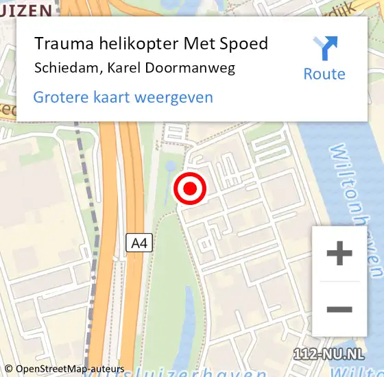 Locatie op kaart van de 112 melding: Trauma helikopter Met Spoed Naar Schiedam, Karel Doormanweg op 17 maart 2022 15:13