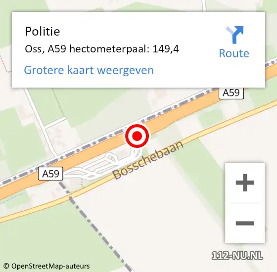 Locatie op kaart van de 112 melding: Politie Oss, A59 hectometerpaal: 149,4 op 17 maart 2022 17:33