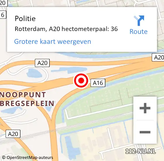 Locatie op kaart van de 112 melding: Politie Rotterdam, A20 hectometerpaal: 36 op 17 maart 2022 17:40