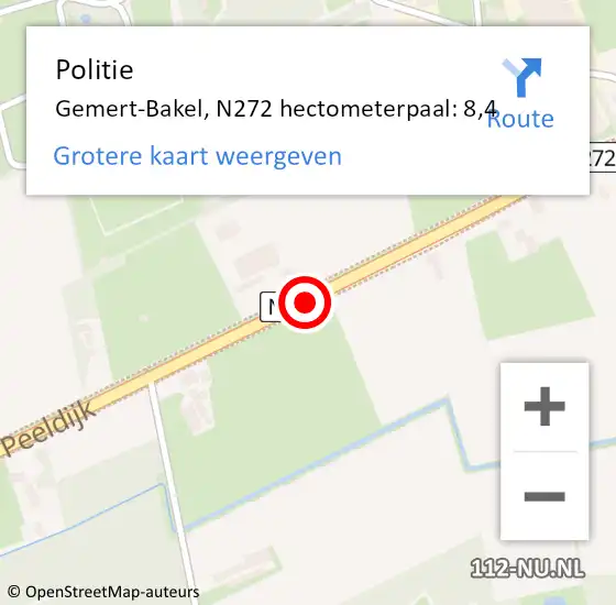 Locatie op kaart van de 112 melding: Politie Gemert-Bakel, N272 hectometerpaal: 8,4 op 17 maart 2022 20:25