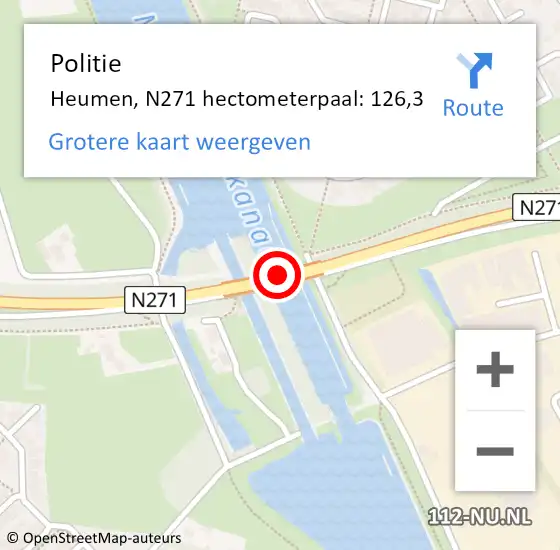 Locatie op kaart van de 112 melding: Politie Heumen, N271 hectometerpaal: 126,3 op 17 maart 2022 21:05