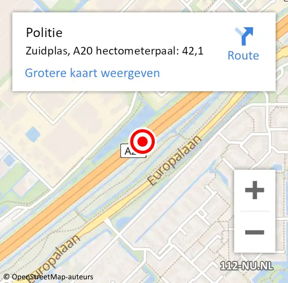 Locatie op kaart van de 112 melding: Politie Zuidplas, A20 hectometerpaal: 42,1 op 17 maart 2022 21:43