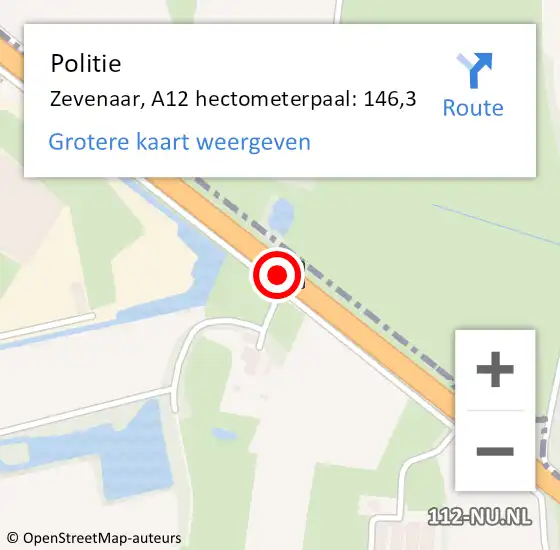 Locatie op kaart van de 112 melding: Politie Zevenaar, A12 hectometerpaal: 146,3 op 17 maart 2022 21:45